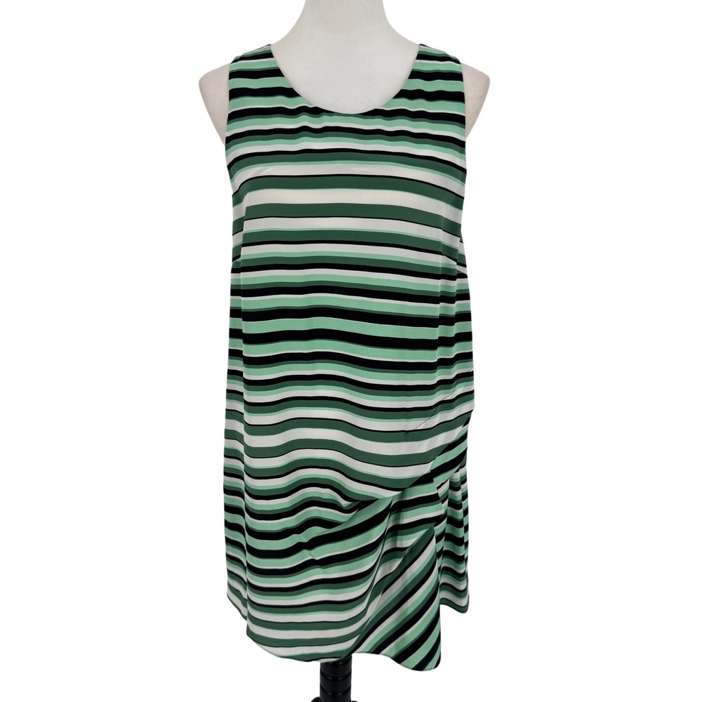 Kenzo Silk Sleeveless Shift Dress Size 42 Green Black White Striped Mod Designer